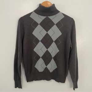 Pendleton Gray and Blue Merino Wool Turtleneck Sweater with Argyle Design M